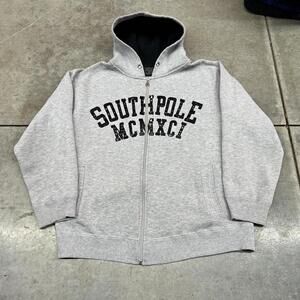 vintage southpole grey and black spell out zip up heavyweight hoodie size large